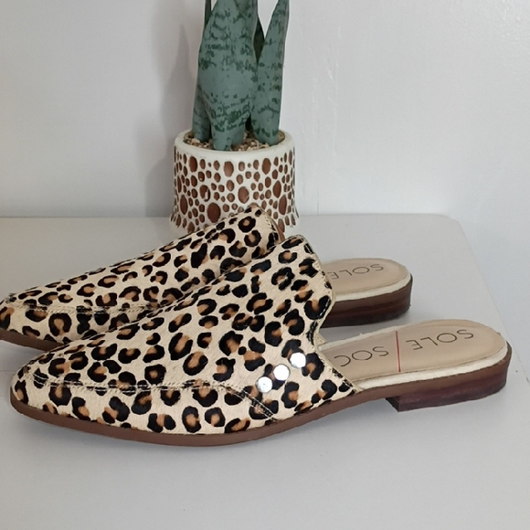 Sole Society Size 7 Cheetah Print Pointed Toe Mules Tan Black Leather Calf Hair - Picture 2 of 10
